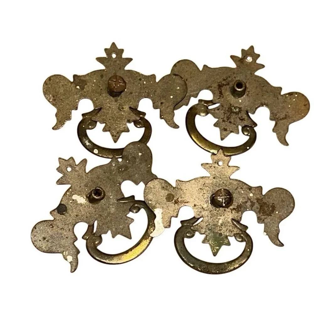 Vintage drawer pulls metal scroll work latch knocker Set of 4